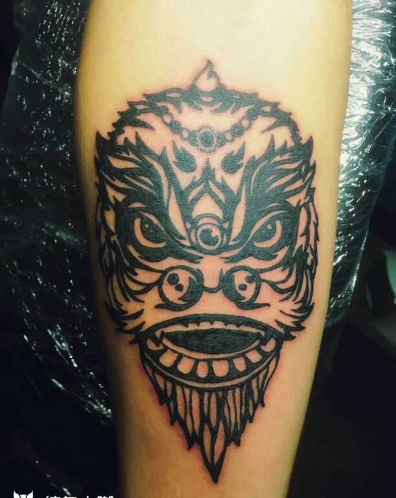 醒狮头纹身图片_手臂传统动物图腾成品纹身图案