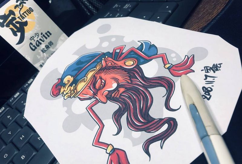 关公面谱纹身图片_胸部手臂新传统New School关公纹身图案