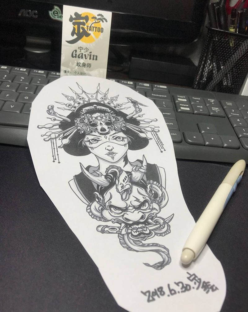 原创+日式歌姬+般若纹身图片_手稿手臂腿部肩部传统人物原创纹身图案