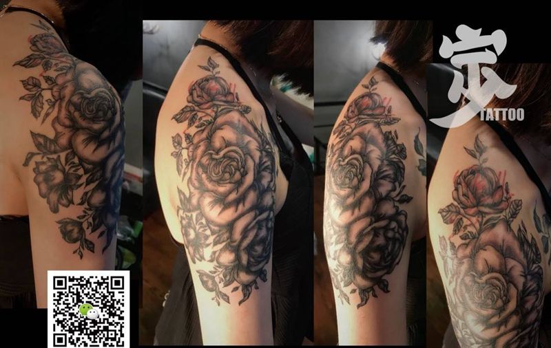 花臂+遮盖纹身图片_成品遮盖欧美清新肩部植物宁少Tattoo纹身图案