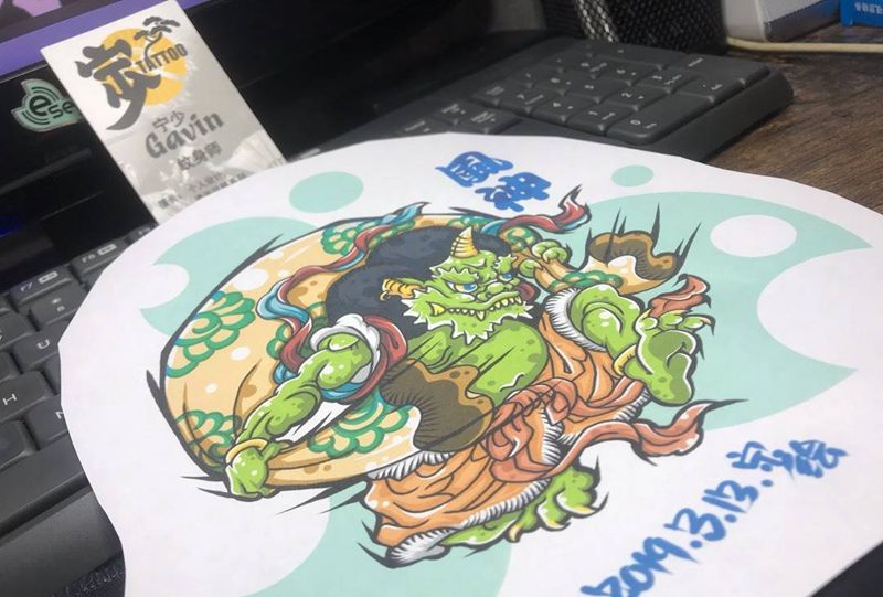 风神大大+手稿纹身图片_肩部手臂新传统New School纹身图案