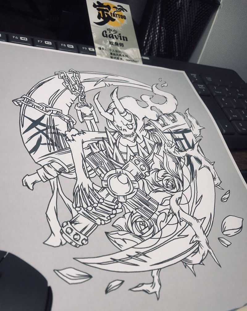 死神+原创手稿纹身图片_肩部腿部New School漫画风格宁少Tattoo纹身图案