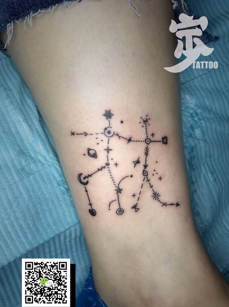 原创+双子座纹身图片_宁少Tattoo简笔画原创成品脚部清新纹身图案