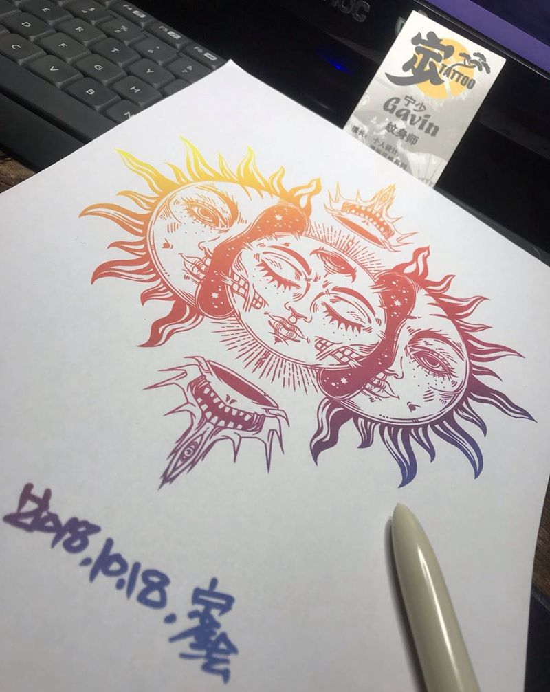 太阳☀纹身图片_背部手臂New School点刺纹身图案