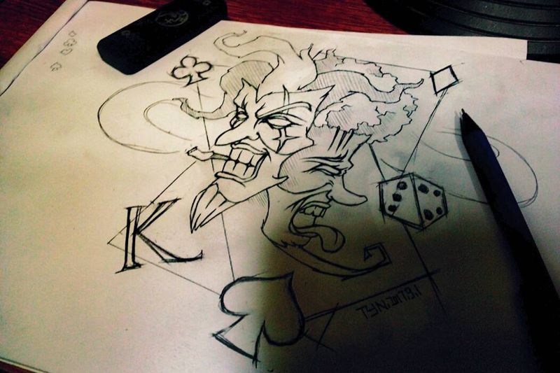 创作手稿+小丑纹身图片_胸部背部手臂腿部欧美原创抽象手稿纹身图案