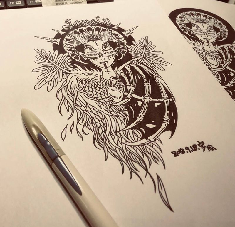 羊头天使恶魔手稿纹身图片_胸部背部New School设计手稿宁少Tattoo纹身图案