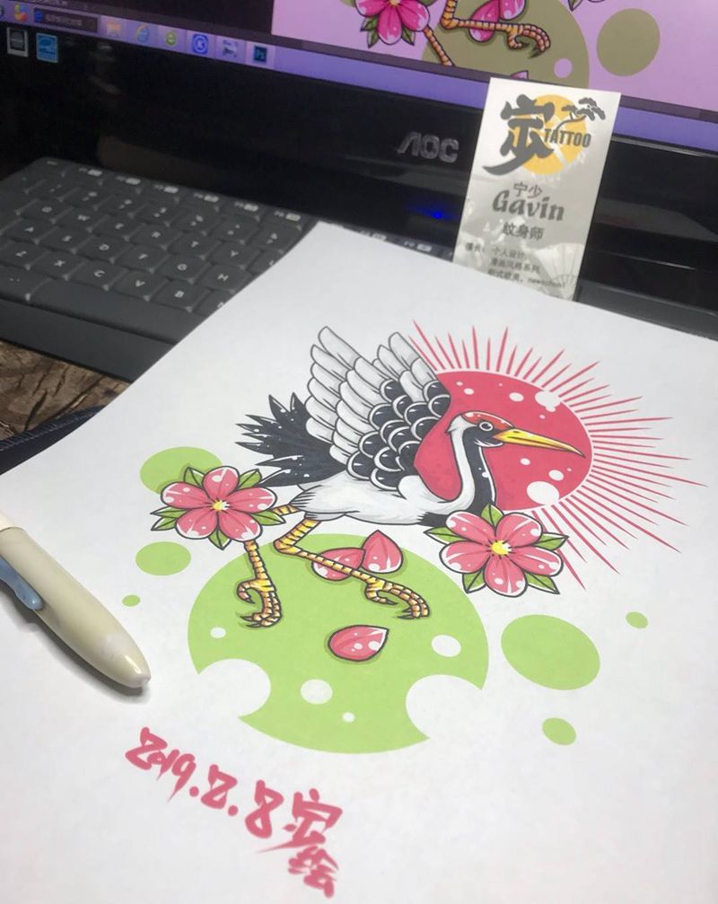 原创手稿+仙鹤纹身图片_手臂腿部新传统Old School仙鹤宁少Tattoo纹身图案