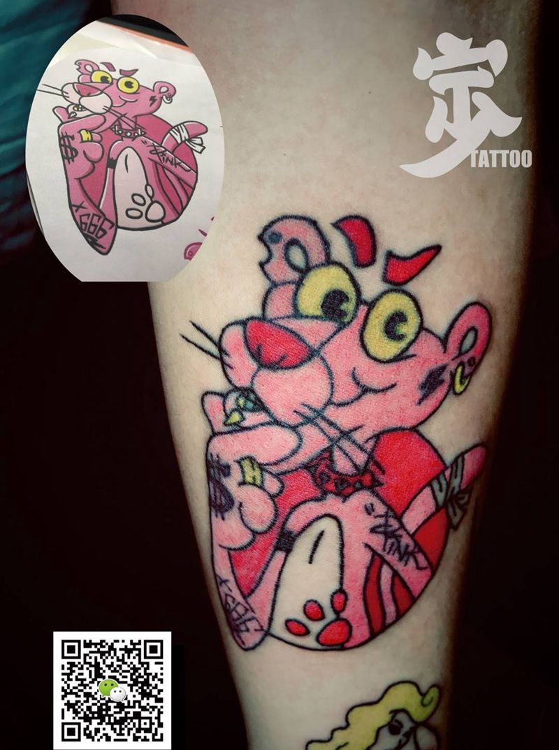 原创+粉红豹纹身图片_宁少Tattoo动漫风格成品手臂欧美动物原创纹身图案