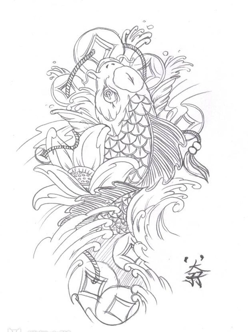 原创【鲤鱼】手稿纹身图片_肩部腿部传统动物原创手稿纹身图案