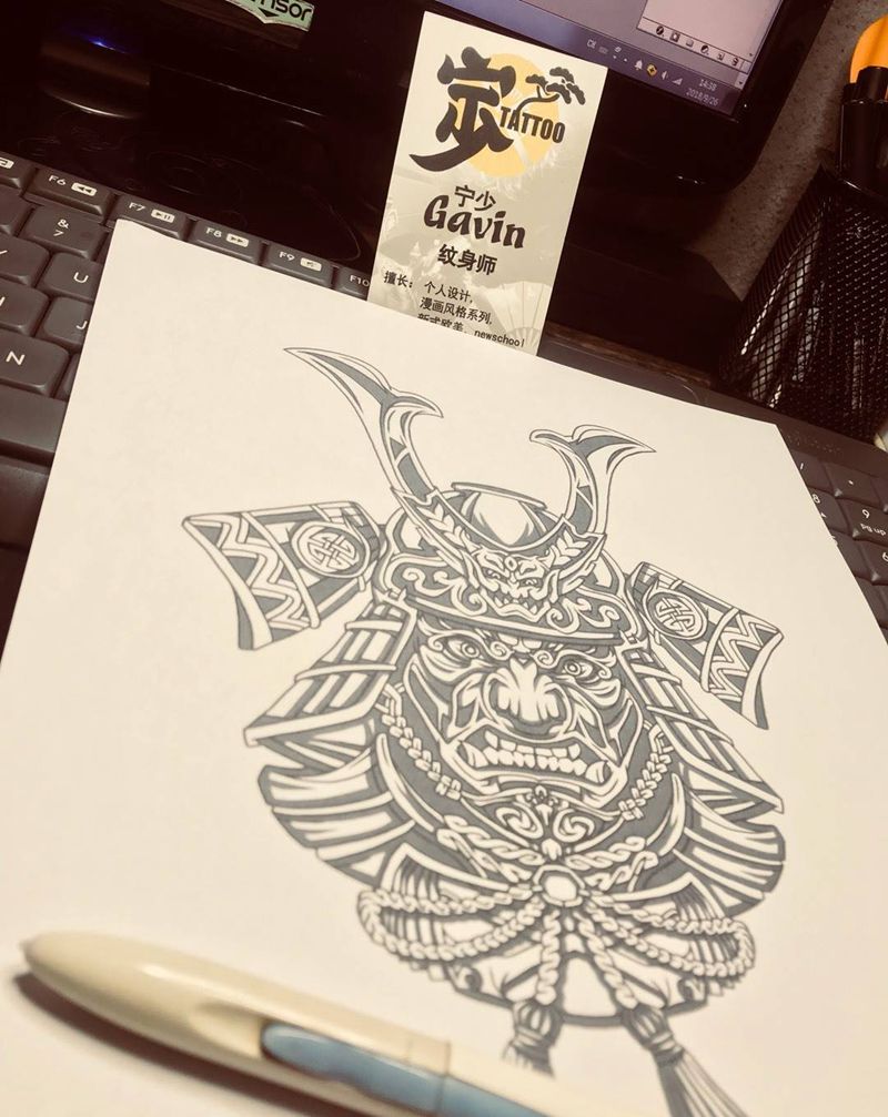 武士手稿纹身图片_肩部背部New School图腾纹身图案