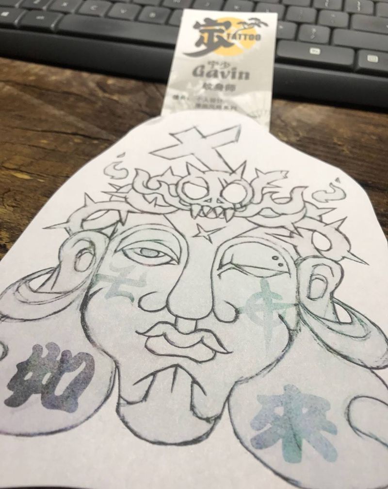 原创手稿+佛头纹身图片_宁少Tattoo动漫风格手稿原创鬼神传统胸部手臂腿部纹身图案