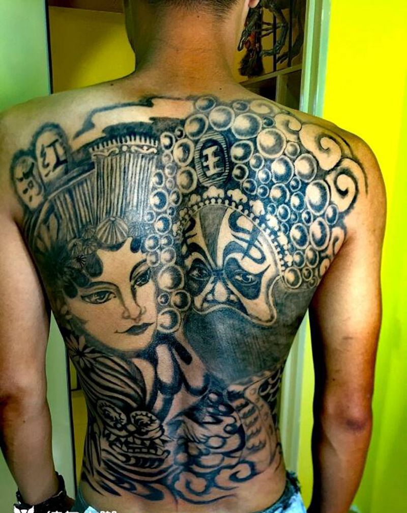 霸王别姬+手绘满背纹身图片_背部传统肖像国画人物成品纹身图案