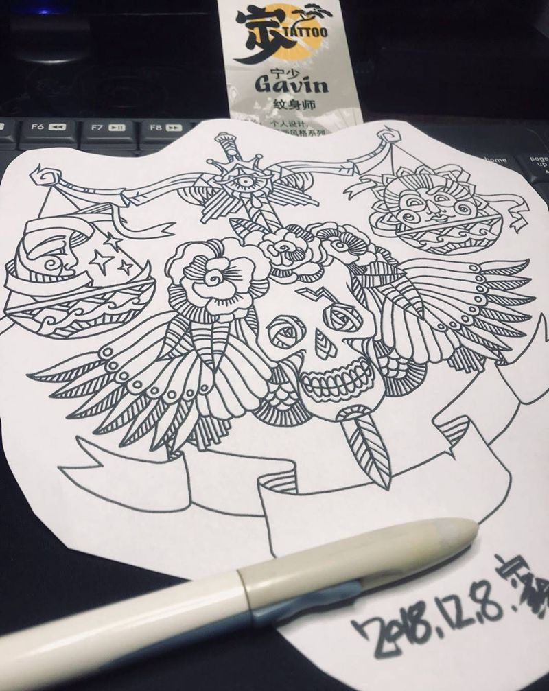 原创手稿+天平⚖纹身图片_胸部背部Old School图腾天平座♎︎纹身图案