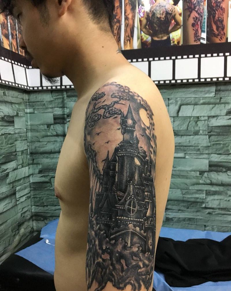 房子纹身图片_成品手臂纹身图案