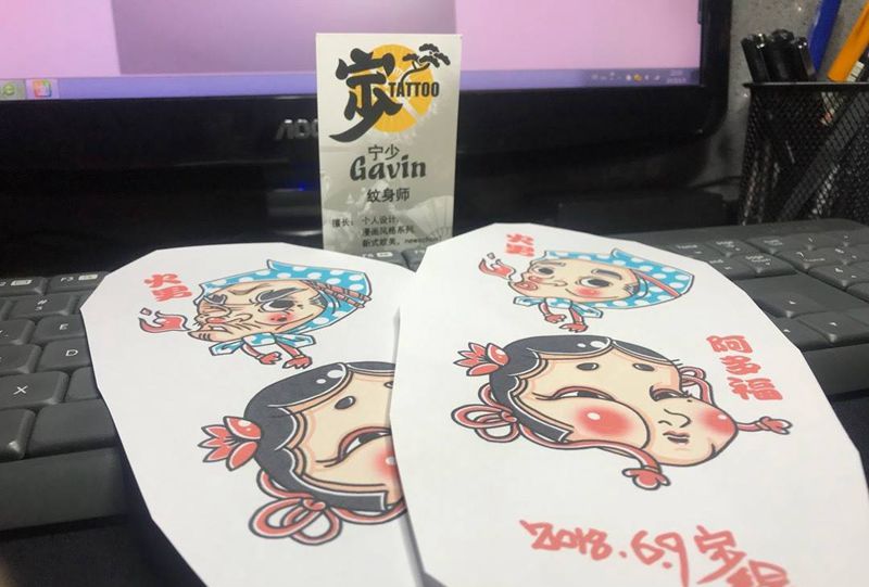 火男+阿多福（原创手稿）纹身图片_手稿手臂传统人物原创纹身图案