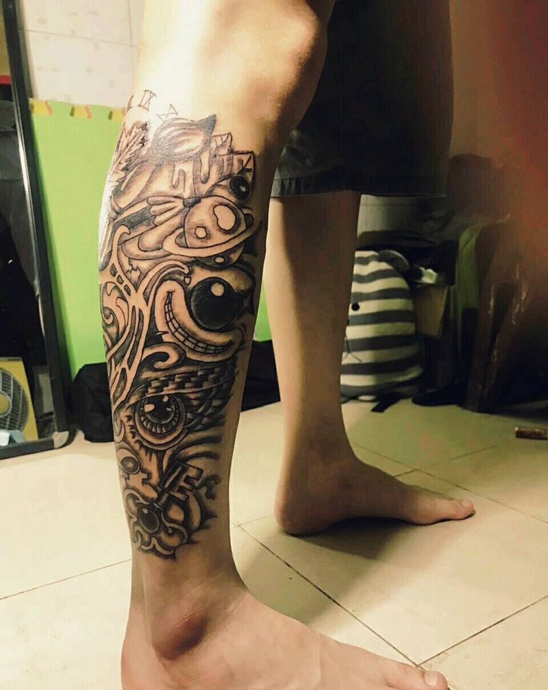 随意涂鸦创作纹身图片_腿部欧美原创抽象成品纹身图案