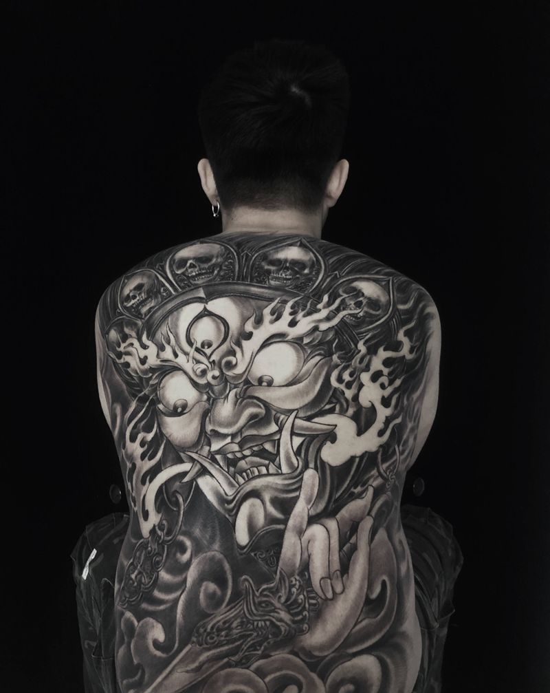 大黑天纹身图片_背部新传统老传统纹身图案