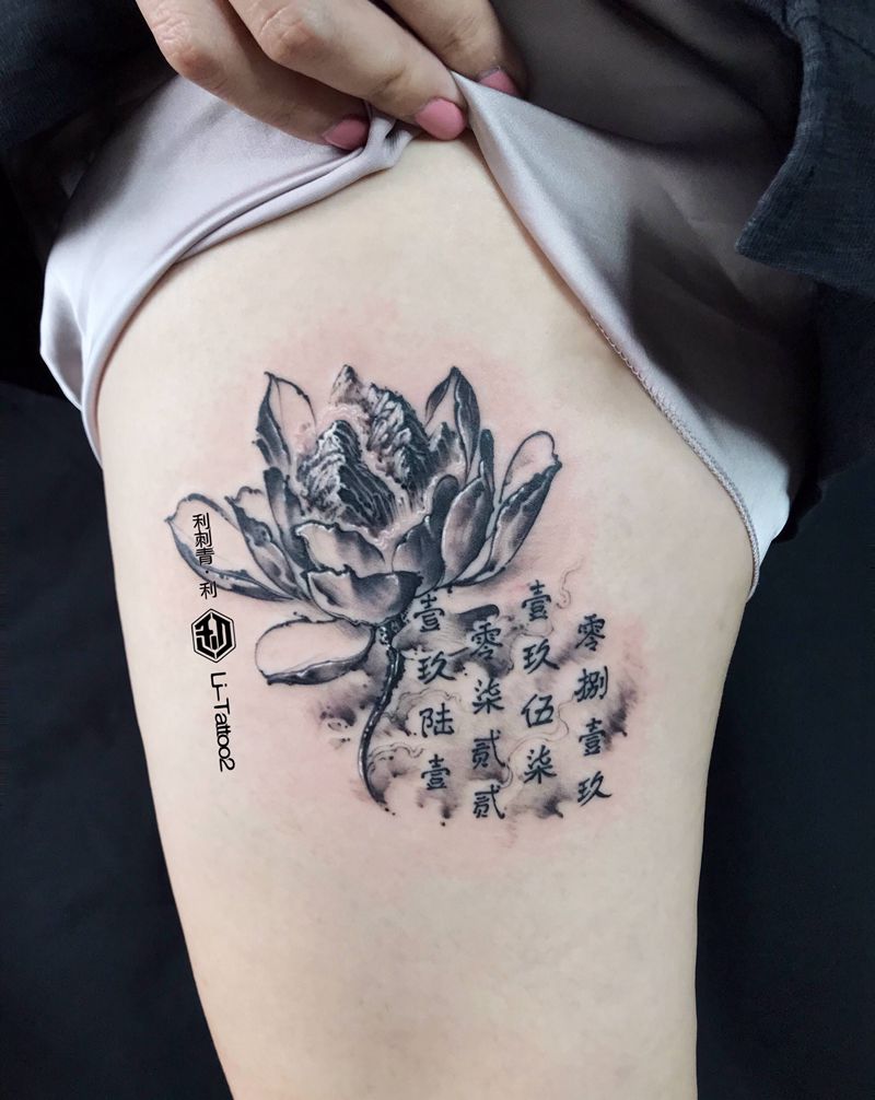 莲花纹身图片_腿部纹身图案