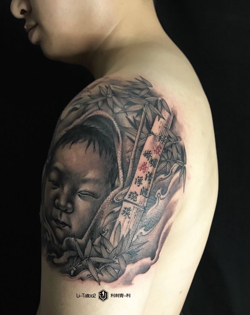 人像纹身图片_肩部纹身图案