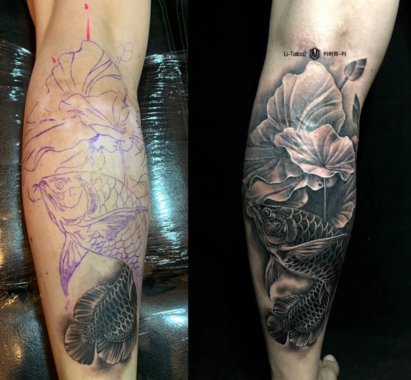 鲤鱼纹身图片_腿部纹身图案