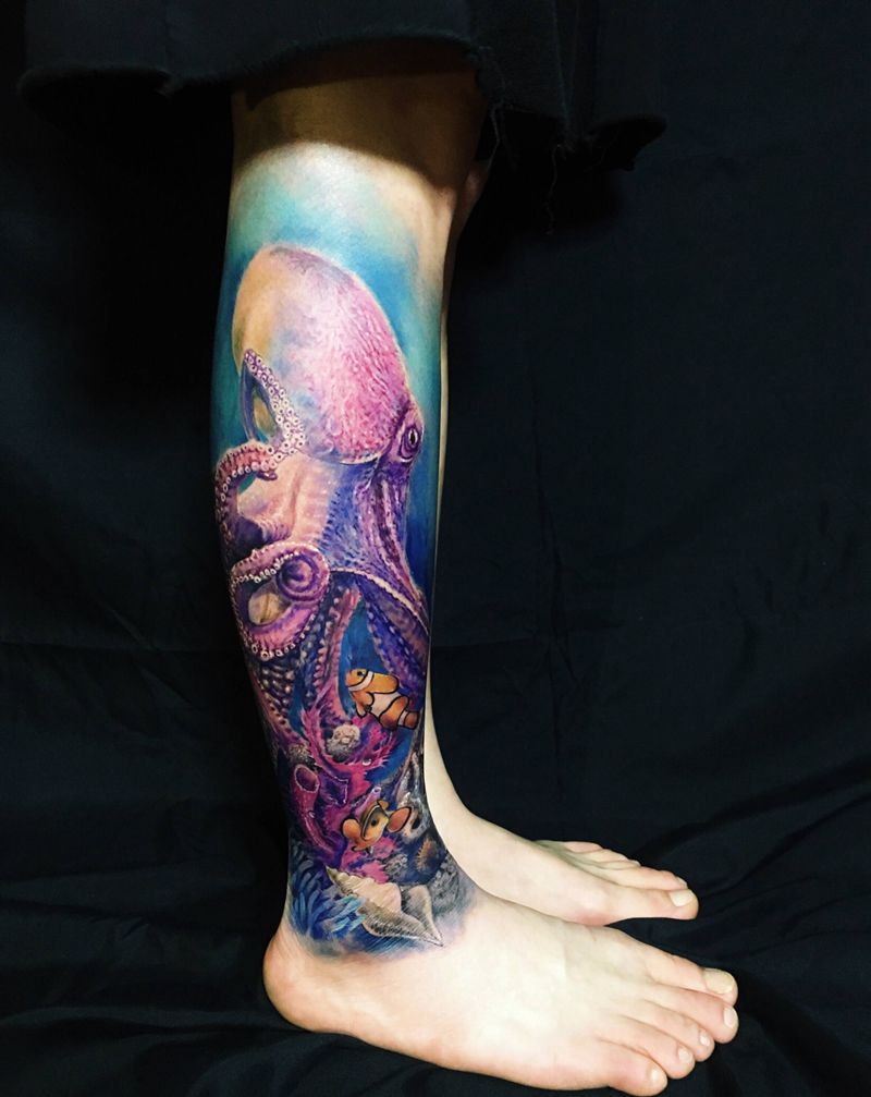 海底世界纹身图片_腿部纹身图案