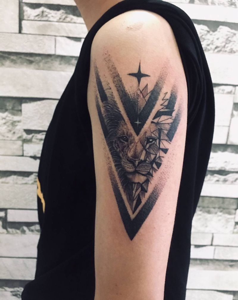 几何 狮子纹身图片_肩部点刺狮子纹身图案