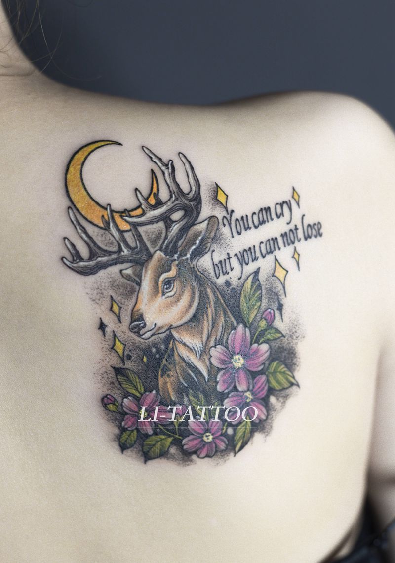 麋鹿纹身图片_手臂手部Old SchoolNew School叶子月亮鹿纹身图案