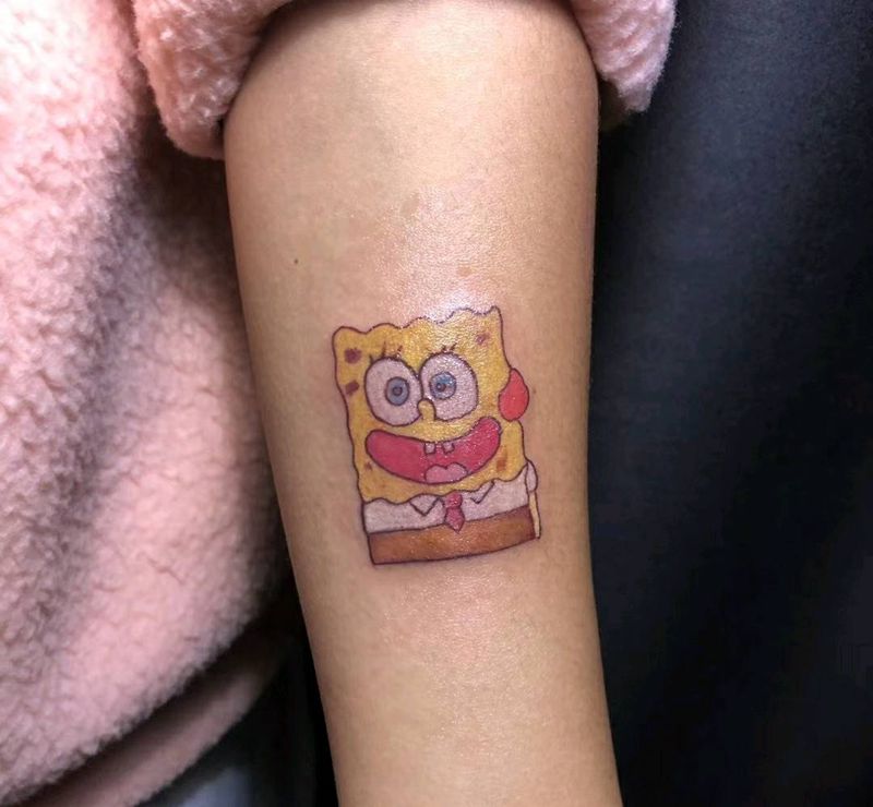海绵宝宝纹身图片_手臂New School点刺纹身图案