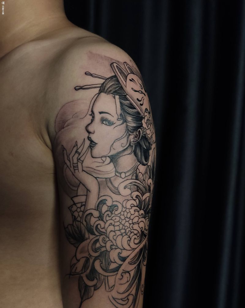 艺伎纹身图片_臀部肩部新传统New School纹身图案