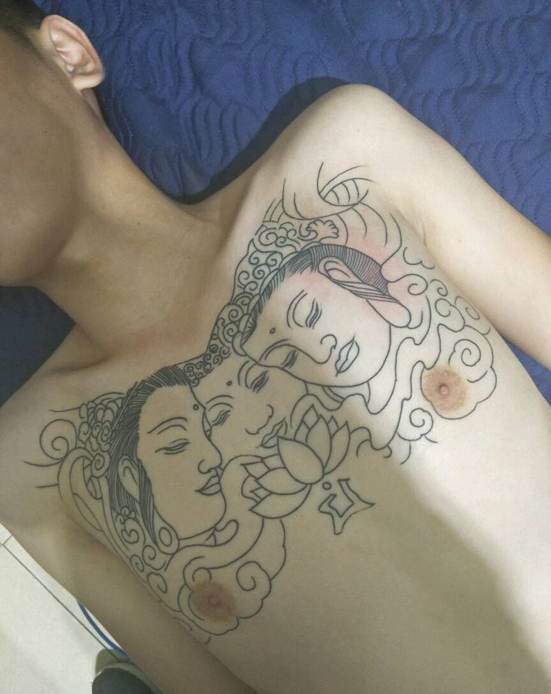 三面佛纹身图片_胸部纹身图案