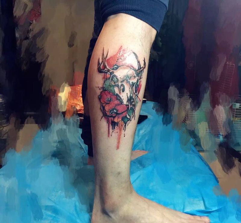 泼墨鹿头纹身图片