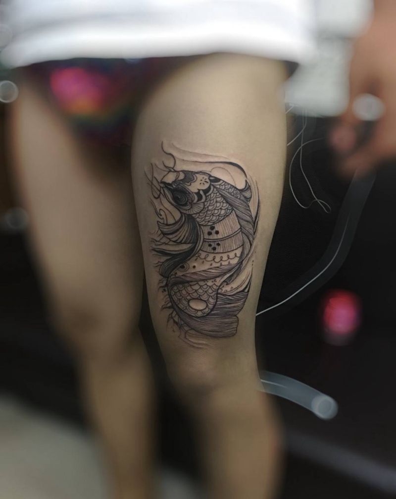 鱼纹身图片_腿部纹身图案