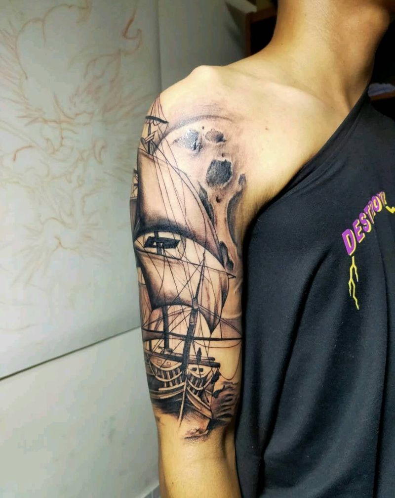 写实帆船纹身图片_手臂欧美写实纹身图案