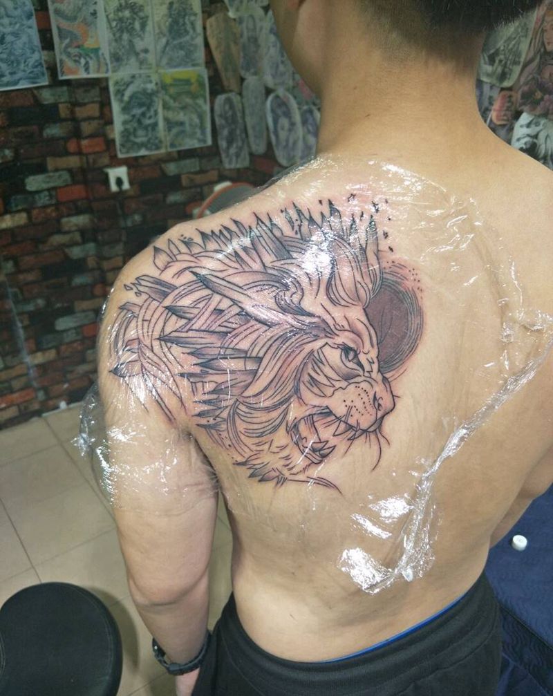 雄狮纹身图片_背部纹身图案