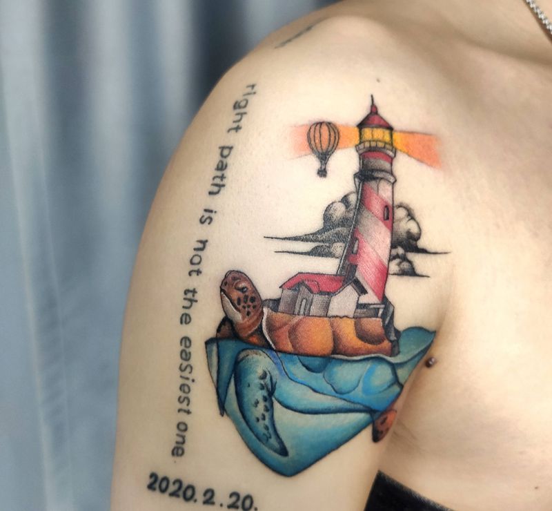 海龟纹身图片_肩部New School欧美写实纹身图案