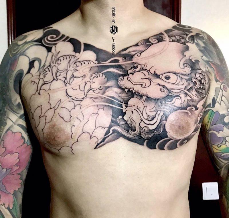 唐狮花胸（未完作品）纹身图片