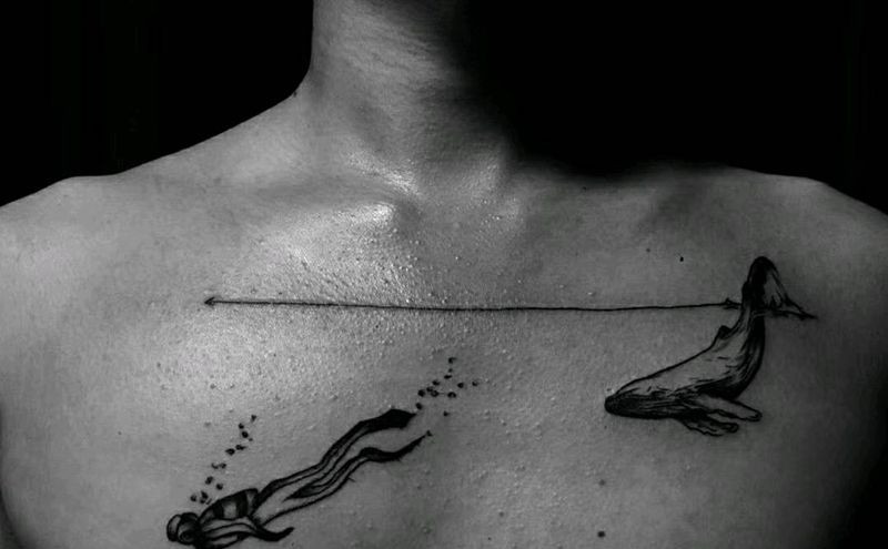 直线，鲸鱼，场景纹身图片_胸部点刺水彩纹身图案