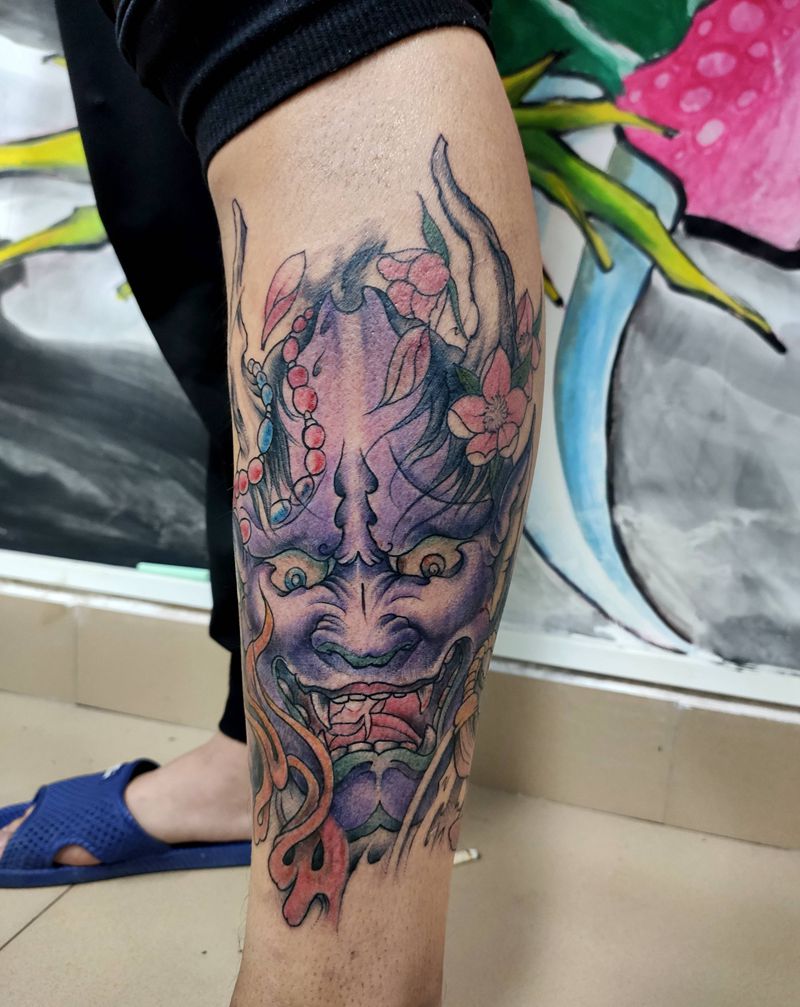 般若纹身图片_腿部新传统般若纹身图案