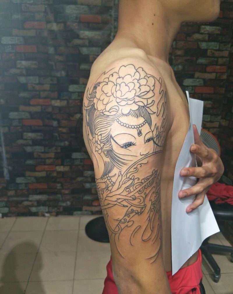 线条艺伎纹身图片_手臂纹身图案