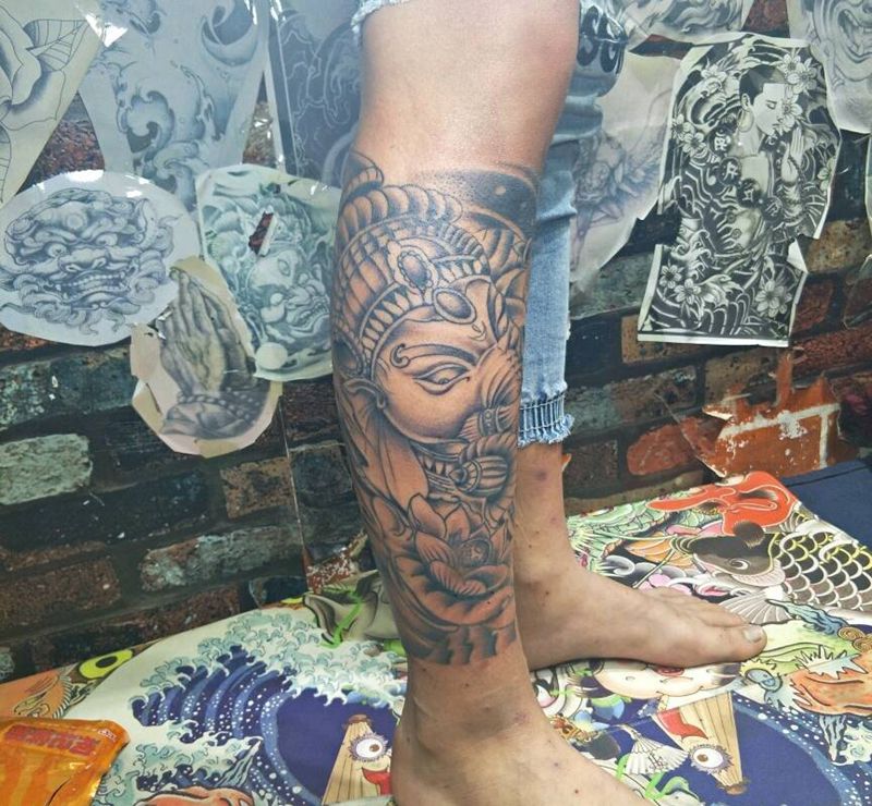 象神纹身图片_脚部腿部纹身图案