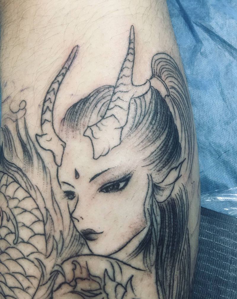 龙女线条纹身图片_手臂腿部纹身图案