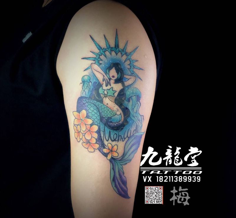 礁人鱼纹身图片_水彩纹身图案