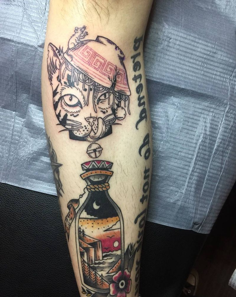 猫，new school纹身图片