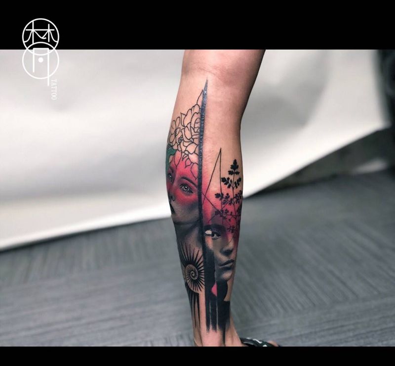 犹豫眼神纹身图片_腿部欧美写实几何原创手稿纹身图案