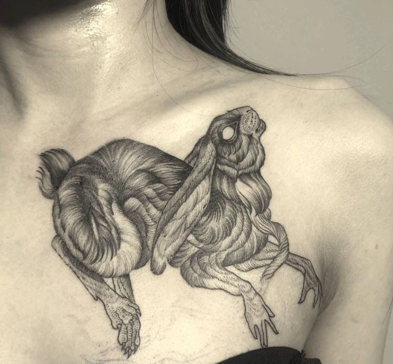 兔纹身图片_胸部纹身图案