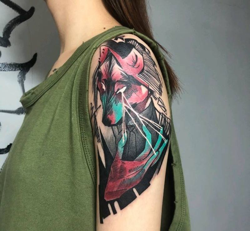 狼纹身图片_手臂新传统New School纹身图案