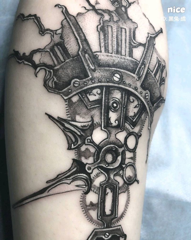 蒸汽朋克风纹身图片_腿部欧美写实点刺蒸汽朋克纹身图案