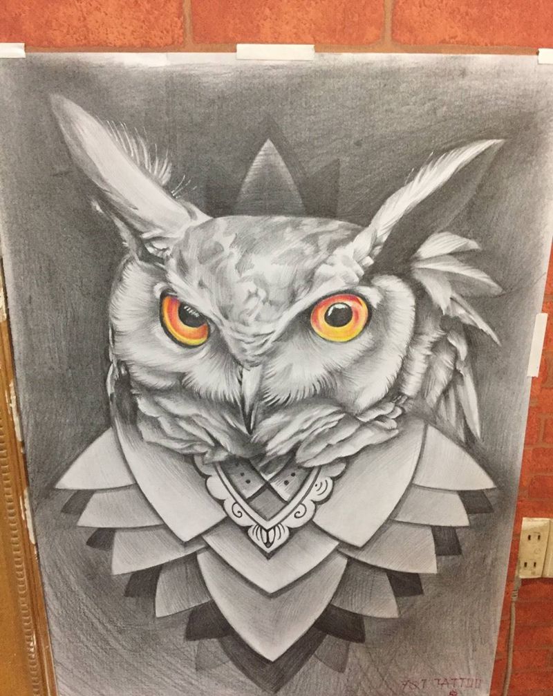 画个猫头鹰手稿纹身图片