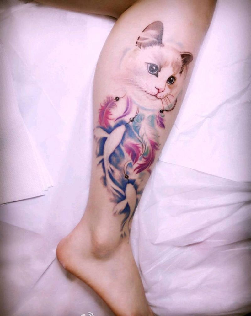 猫&鱼纹身图片_腿部清新写实动物原创成品纹身图案