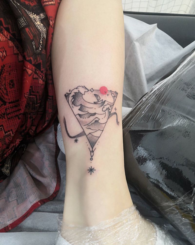 浪纹身图片_腿部几何纹身图案